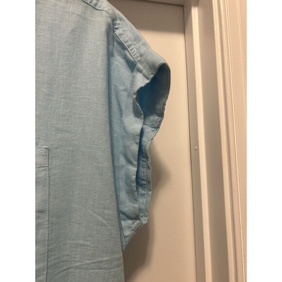 Orvis Women's Size Large Blue Linen Blend Button Short Sleeve Top Cap Sleeves - Picture 4 of 7